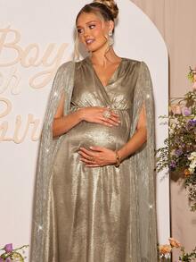 Loomaby Pregnant Women's V-Neck Metal Texture Split Sleeve Elegant Dress Dress Gender Reveal Dress Maternity Dress Baby Shower Dress Maternity Gown Pregnancy Photoshoot Dress Babyshower Dress Maternity Pregnant Dress Baby Shower Guest Outfit - Gold - View 1