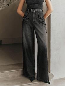 Anewsta Spring New Washed Denim Fashionable Vintage Handmade Beaded Versatile Commuting Wide-Leg Women Jeans - Black - View 3