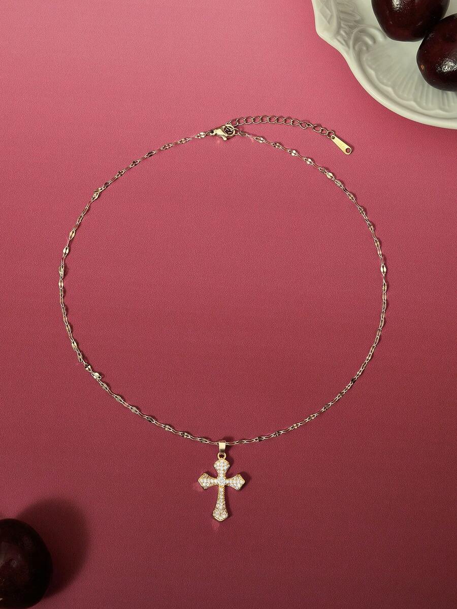 Glisma 1pc Luxury Copper Zirconia Cross Pendant Necklace For Women - Cross - View 1