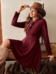 Wildy 美式乡村休闲纯色褶皱长袖迷你连衣裙，适合日常通勤和秋冬季穿着。 - 酒紅色 - 查看 1