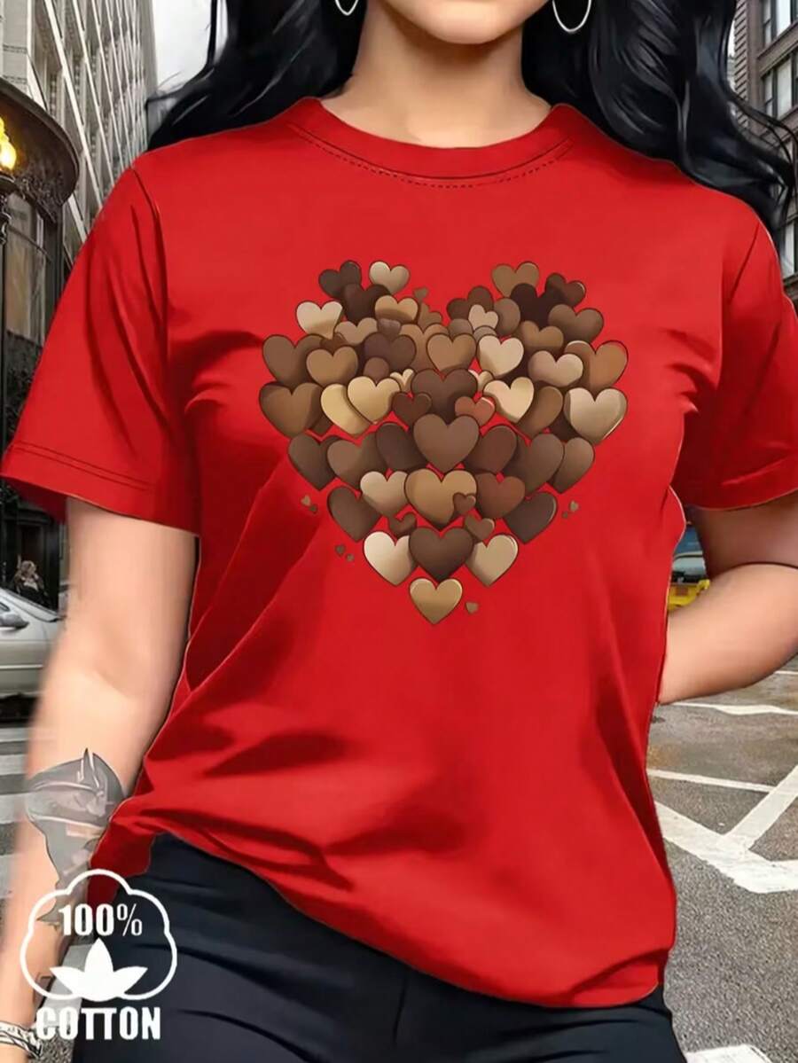 Mujer camiseta casual urbana estampado corazones gráficos creativos holgada cuello redondo manga corta primavera verano ocasión diaria - Rojo - Ver 1