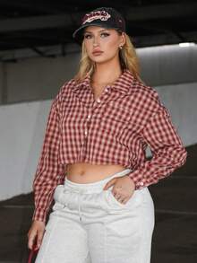 Arliah Women's Fall Streetwear Vintage Preppy Crop Plaid Loose Crop Tops Red Shirt - Red - View 4