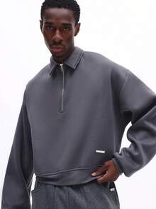 SUMWON Men's Collared Half Zip Pullover Sweatshirt Casual Long Sleeve Quarter Zip Streetwear Autumn Winter Layering Essential - Dark Grey - View 5