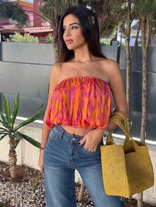 Maca Silvats Women Vacation Beach Style Oil Painting Print Chiffon Halter Cropped Top, Spring/Summer - Orange - View 5