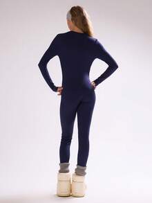 MUSERA Ribbed Button Down Detail Fitted Jumpsuit Autumn Fall Winter Ski Vacation  Lounge Holidays - Blue - View 3