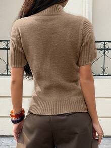 Siren Gaze 女士纯色高领短袖羊毛针织上衣，四季皆宜 - 杏色 - 查看 2