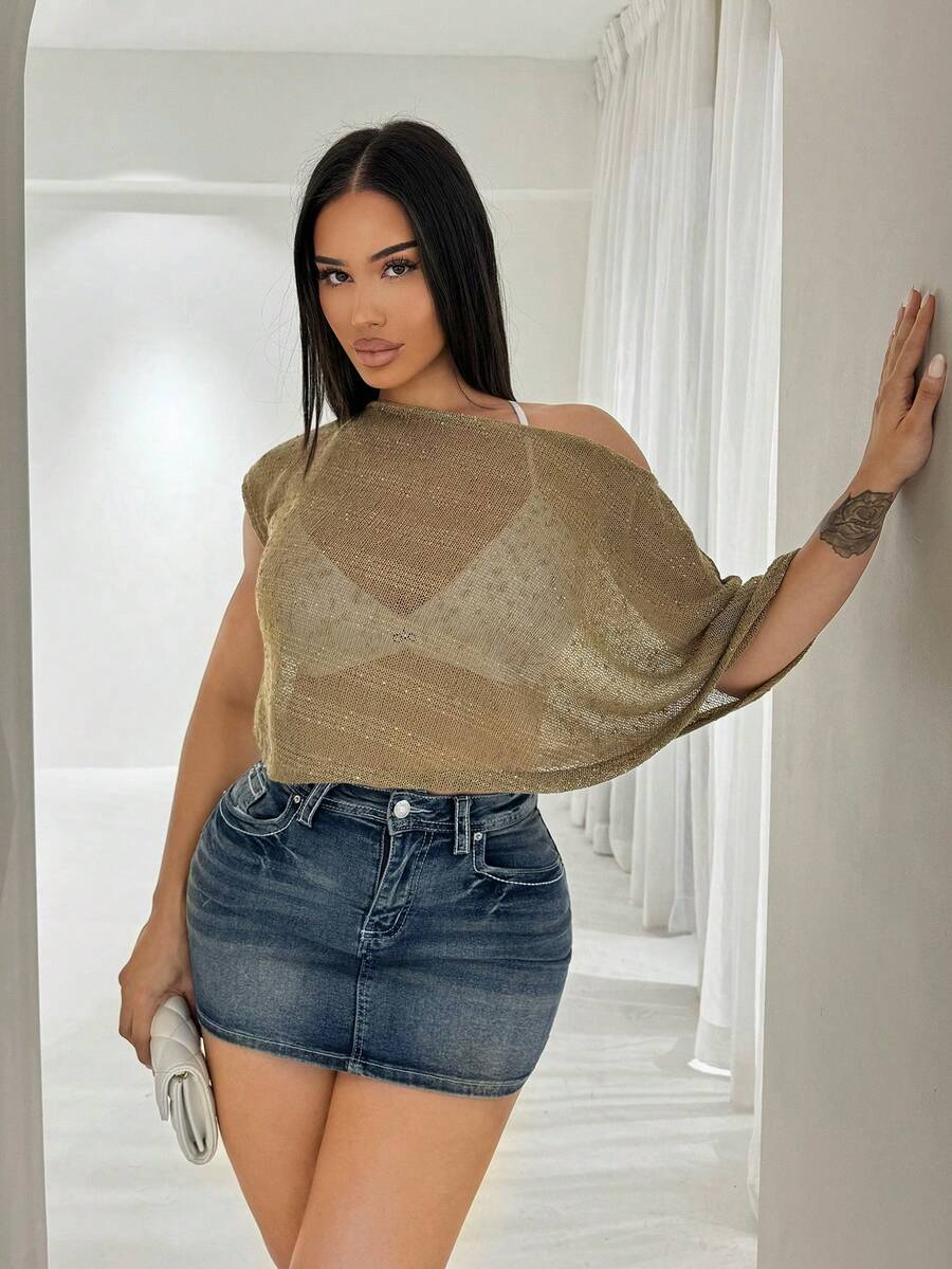 Shopreo Blusa elegante para mujer de manga corta, cuello asimétrico y transparente - Caqui - Ver 1