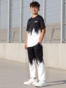 Vacaura 2 pièces/Set T-shirt à contraste de couleur par pulvérisation d'encre et pantalon ample à taille élastique pour adolescents garçons. Confortable et pratique pour le casual, les déplacements, les sports, l'école, la rue, les fêtes et les séances photo. Convient pour l'automne, le printemps et l'été - Multicolore - Voir 4