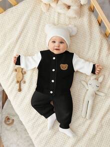 SHEIN Chaqueta de béisbol de contraste de color blanco y negro para bebé recién nacido niño/niña con parches bordados, simple y de moda, pantalones de unicolor suaves y cómodos, adecuados para el hogar, al aire libre, deportes