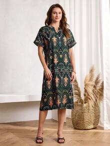 Miaspire 女士休闲度假印花V领中长连衣裙 - 彩色 - 查看 4