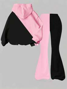 两件套少女休闲韩流卡通图案长袖连帽卫衣搭配修身喇叭裤，保暖舒适，适合秋冬季日常穿着、运动、街头风、校园风等场合。