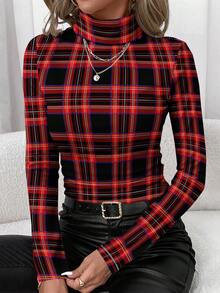SHEIN Clasi Women's High Neck Black And Red Plaid Print T-Shirt For Autumn,Casual Occasion School Back-To-School Fitted Long Sleeve Tops Minimalist Chic Graphic - Multicolor - View 7