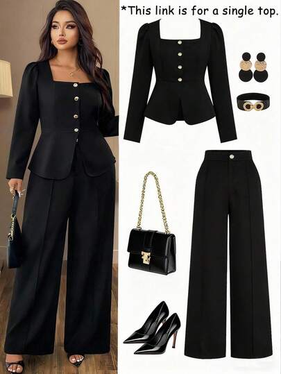 Auvina 大码女式纯色方领纽扣腰优雅长袖衬衫