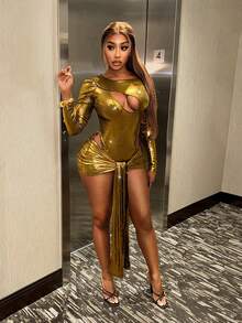 BamGleam Váy ngắn hở gấu bất đối xứng mạ vàng gợi cảm dự tiệc dành cho nữ, mùa thu - Vàng - Xem 1