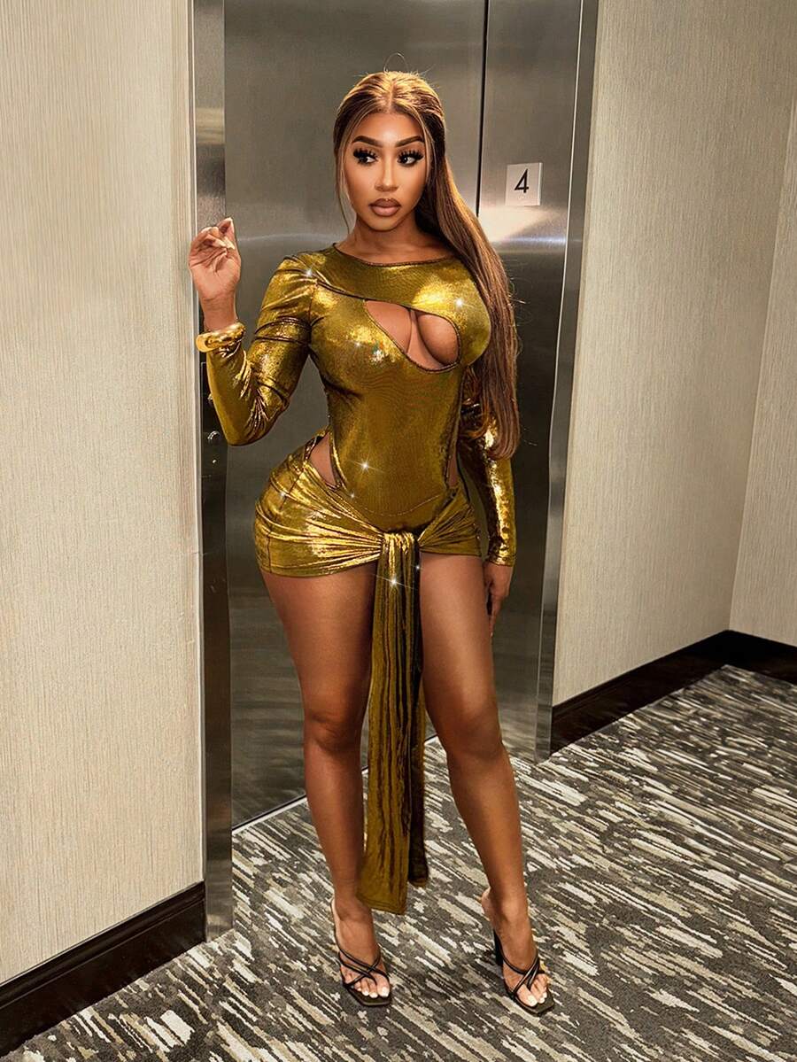 BamGleam Váy ngắn hở gấu bất đối xứng mạ vàng gợi cảm dự tiệc dành cho nữ, mùa thu - Vàng - Xem 1