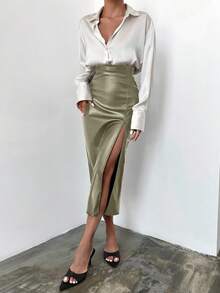 SHEIN Cottnline Zipper Fly Split Thigh Skirt - Green - View 5