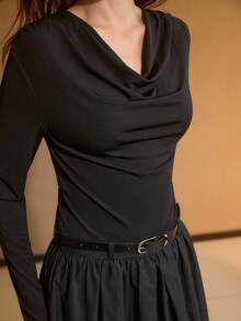 MOTF PREMIUM WOMEN'S COWL NECK WOVEN LONG SLEEVE PUFFBALL HEM DRESS - Black - View 2