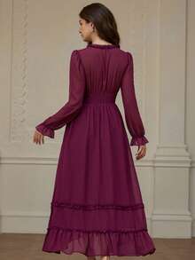 Revavyn Fashionable Design Elegant Versatile Sexy Deep V Solid Color Ruffle Trim Long Sleeve Dress - Purple - View 6