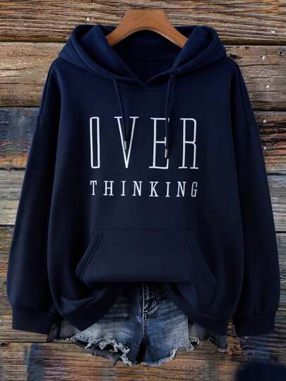 EMERY ROSE Sudadera con bordado de letras para mujer talla grande, sudadera casual de ajuste holgado con estilo retro americano, sudadera con gráfico