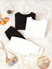 SHEIN Genkimix Kids 2pcs/Set Young BoyBlack & White Thermal Underwear Set, Long Sleeve Top And Long Pants - Multicolor - View 4