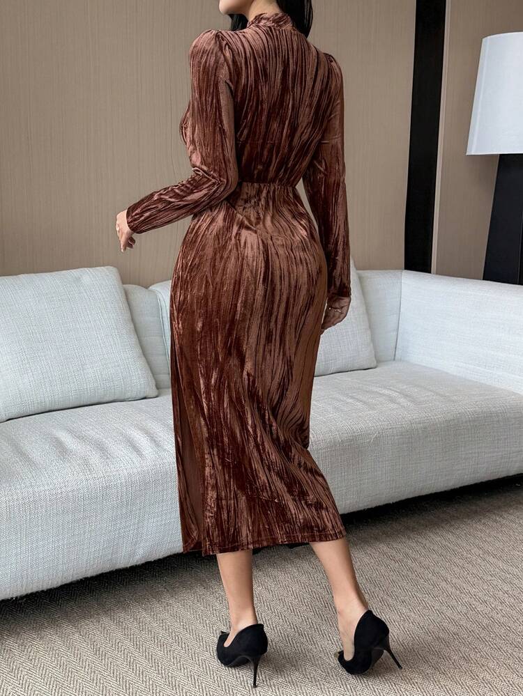 Women's Elegant Solid Color Stand Collar Puff Sleeve Mid-Length Dress, Autumn/Winter Prom Dress