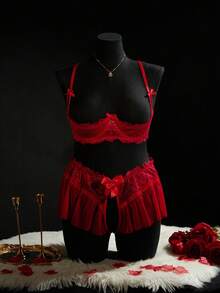 SpicyHot 2pcs/Set Lace Patchwork Slit Lingerie Set, Extremely Sexy - Red - View 1