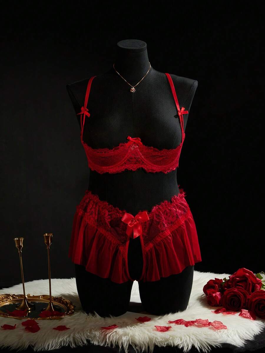 SpicyHot 2pcs/Set Lace Patchwork Slit Lingerie Set, Extremely Sexy - Red - View 1