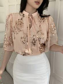 Feyla 女士优雅通勤亮片装饰衬衫 - 粉色 - 查看 5