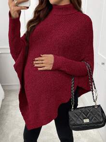 SHEIN Elegante Poncho de Suéter Gola Alta de Cor Sólida para Mulheres Grávidas, Outono/Inverno - Vinho - Visão 7