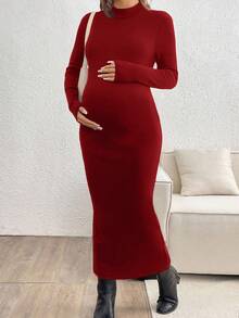 SHEIN Vestido largo ajustado, grueso y cálido deunicoloro con cuello mao, manga raglán y larga para maternidad - Rojo - Ver 7
