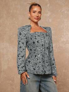 Lumalex Blazer Feminino de Manga Longa com Cintura Marcada, Bordado com Lantejoulas e Tweed Colorido, Recorte Vazado