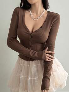 DAZY 女士深V领修身长袖休闲T恤 Y2k - 棕色 - 查看 2