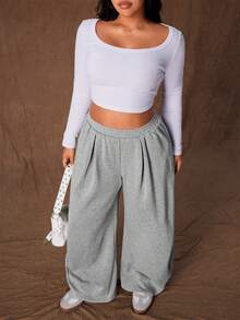 Rustia Plus Size Thermal Lined Knit Pants With Pockets, Autumn/Winter - Grey - View 6