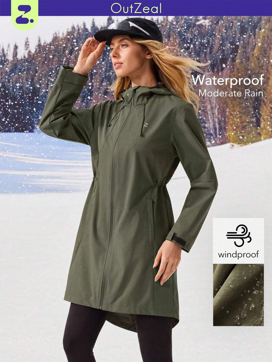 OutZeal Veste d'extérieur pour femmes, résistante à l'eau et coupe-vent, avec cordon de serrage à la taille, longueur hanches, avec poches, pour randonnée et camping