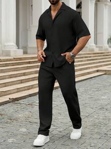 Manfinity Homme 男士褶皱面料缺口领短袖衬衫 + 抽绳配套长裤两件套西装，户外派对必备服装，适合作为丈夫的礼物，舒适服装 - 黑色 - 查看 5