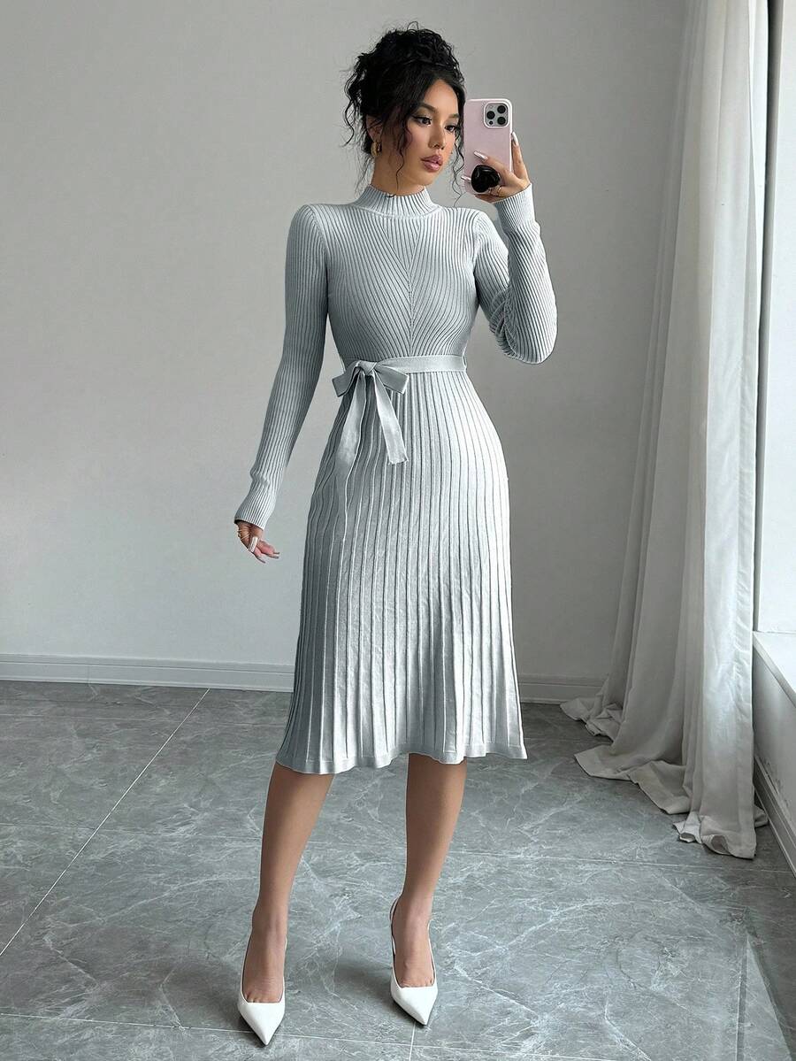 Rafferiza Solid Color Stand Collar Raglan Sleeve Knit Minimalist Flared Dress - Light Grey - View 1