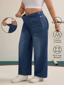 Flexra 大码女式交叉腰带针织牛仔运动修身阔腿直筒裤 - 深色水洗藍 - 查看 1