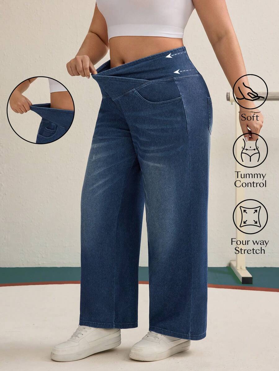 Flexra 大码女式交叉腰带针织牛仔运动修身阔腿直筒裤 - 深色水洗藍 - 查看 1