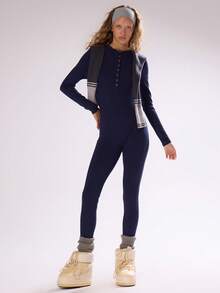 MUSERA Ribbed Button Down Detail Fitted Jumpsuit Autumn Fall Winter Ski Vacation  Lounge Holidays - Blue - View 5