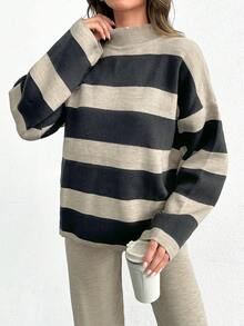 SHEIN Tall Striped Pattern Drop Shoulder Sweater & Knit Pants - White - View 6