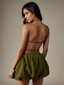 MISSGUIDED Halter Neck Backless Two Piece Coord Set With Asymmetrical Top And Gathered Skirt - Army Green - View 2