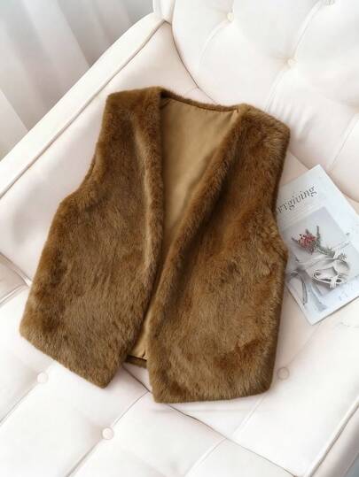 Franclia 女士复古V领短款人造毛皮背心外套，秋季