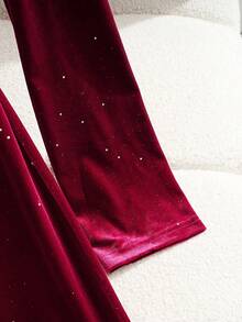 Qadelle Women's Elegant Velvet Patchwork Midi Dress With Waist Cinching - Burgundy - View 3