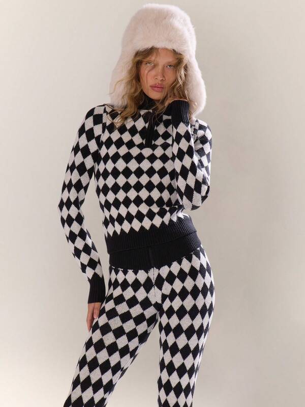 MUSERA Suéter de cuello alto con cremallera, ajustado, con estampado de rombos, ideal para otoño, invierno, vacaciones de esquí, días de descanso, après-ski, Aspen y primavera