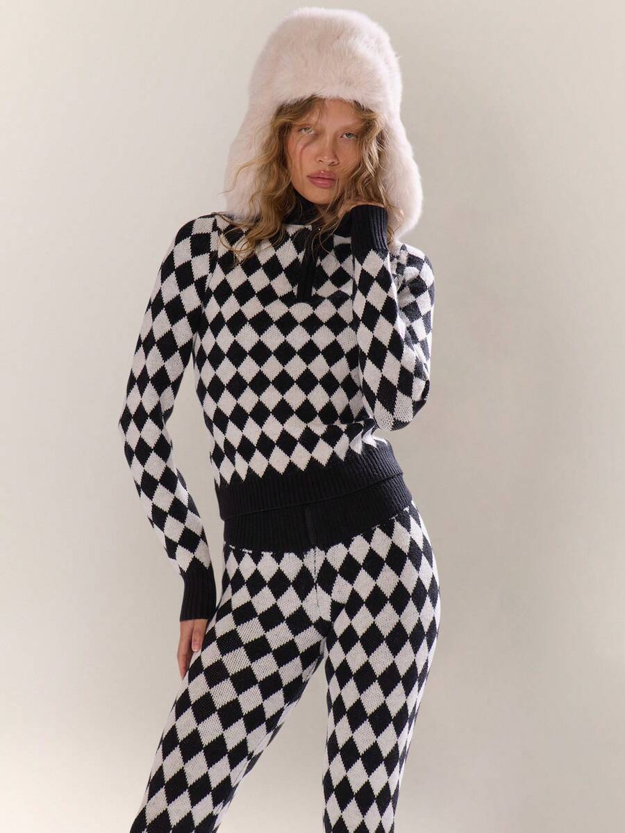 MUSERA Argyle Cross Knitted High Zip Neck Fitted Jumper Top Only Autumn Fall Winter Ski Vacation  Lounge Holidays Apres-Ski Aspen  Spring Sweater