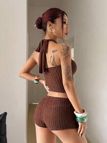 StreetHx 2pcs/Set Women Sexy Open Shoulder Crop Top & Metal Ring Decor Skinny Shorts Brown Two Piece Set Brown Halter Top - Coffee Brown - View 2