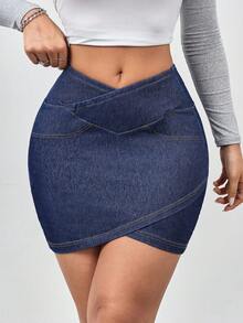 Flexra Váy mini denim bó sát, dáng chữ thập, giặt thường ngày dành cho nữ - Màu xanh lam - Xem 4