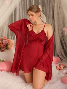 2pcs Mature & Sexy Chiffon Camisole Dress & Mesh Robe Sleepwear Set For Women Bride Lace Sleepwear Red Sleepwear 2piece Nightgown Red Night Gown Sexy Sleepwear Women