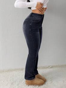 SHEIN Tall 女士保暖内衬修身牛仔裤，带口袋，冬季款 - 黑色 - 查看 3