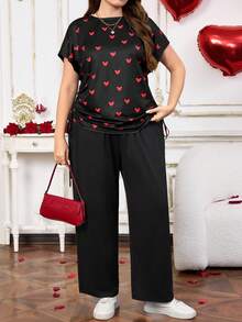 EMERY ROSE Plus Size Women's Heart Print Drawstring Blouse And Wide Leg Pants 2 Pieces Set,Black And Red Summer Casual Everyday Commuter Vacation Elegant Outfit - Multicolor - View 3